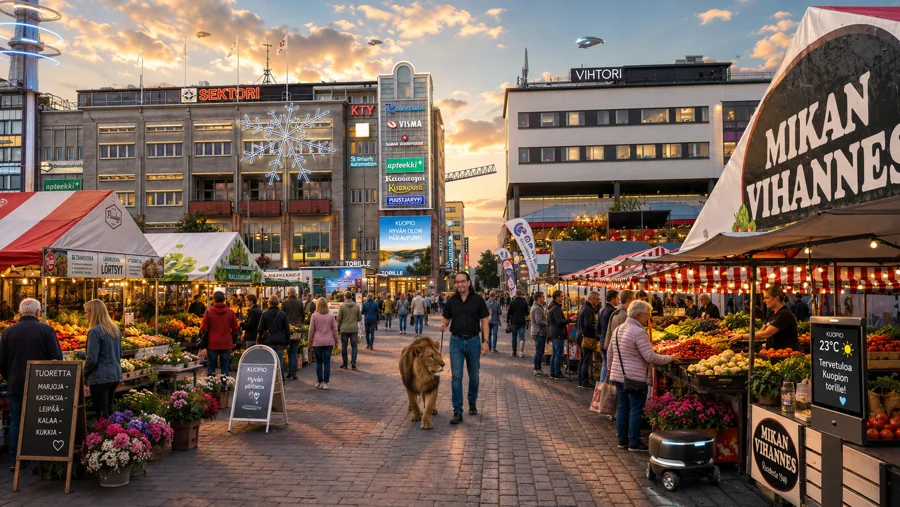 Leijonan kanssa Kuopion torilla